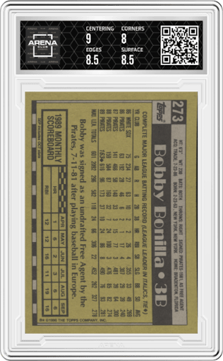 Bobby Bonilla from the 1990 Topps set graded by Arena Club and given an overall grade of 8.5.