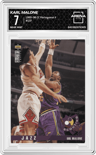 Karl Malone from the 1995-96 Collector's Choice Portuguese II set graded by Arena Club and given an overall grade of 7.