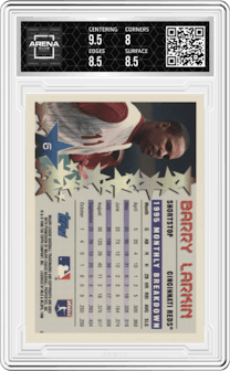Barry Larkin from the 1996 Topps set graded by Arena Club and given an overall grade of 8.5.