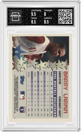 Barry Larkin from the 1996 Topps set graded by Arena Club and given an overall grade of 8.5.