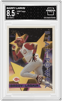 Barry Larkin from the 1996 Topps set graded by Arena Club and given an overall grade of 8.5.