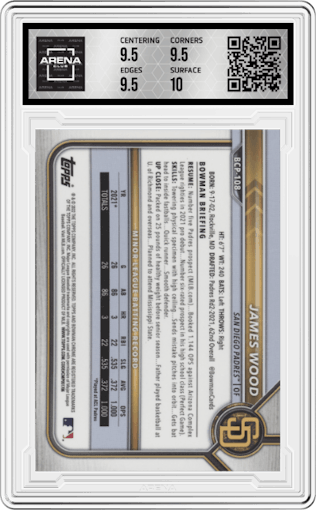 James Wood from the 2022 Bowman set graded by Arena Club and given an overall grade of 10.