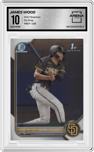 James Wood from the 2022 Bowman set graded by Arena Club and given an overall grade of 10.