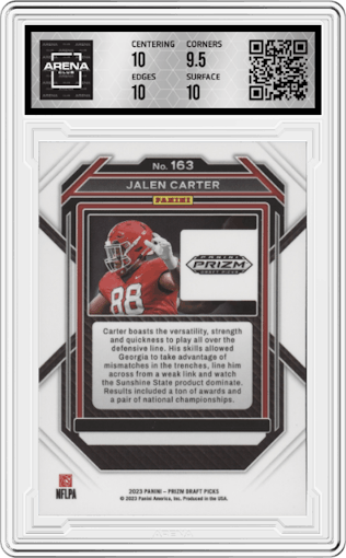 Jalen Carter from the 2023 Panini Prizm Draft Picks set graded by Arena Club and given an overall grade of 10.