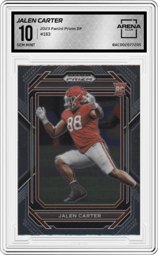 Jalen Carter from the 2023 Panini Prizm Draft Picks set graded by Arena Club and given an overall grade of 10.