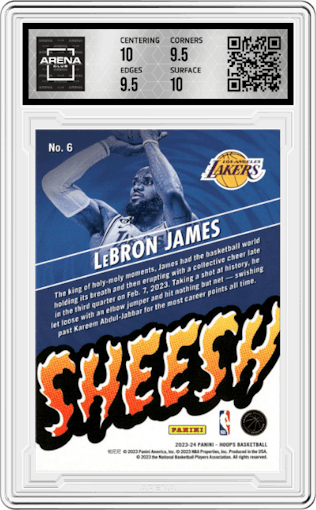 LeBron James from the 2023-24 Panini NBA Hoops set featuring a Hyper Red parallel graded by Arena Club and given an overall grade of 10.