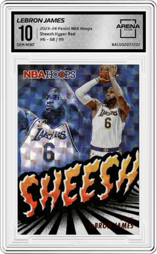 LeBron James from the 2023-24 Panini NBA Hoops set featuring a Hyper Red parallel graded by Arena Club and given an overall grade of 10.
