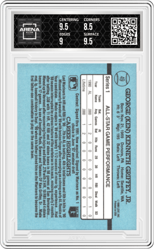 Ken Griffey Jr. from the 1991 Donruss set featuring a Variation parallel graded by Arena Club and given an overall grade of 9.