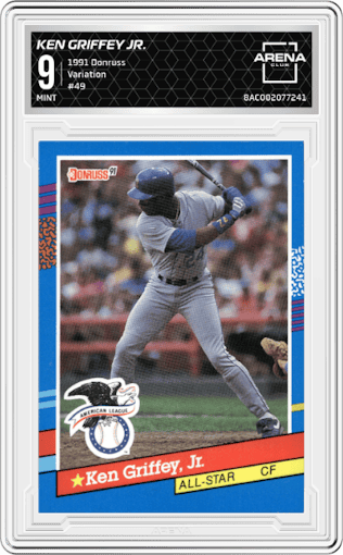 Ken Griffey Jr. from the 1991 Donruss set featuring a Variation parallel graded by Arena Club and given an overall grade of 9.