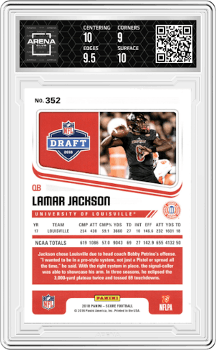 Lamar Jackson from the 2018 Panini Score set graded by Arena Club and given an overall grade of 9.5.