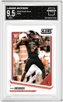 Lamar Jackson from the 2018 Panini Score set graded by Arena Club and given an overall grade of 9.5.