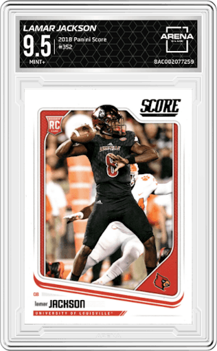 Lamar Jackson from the 2018 Panini Score set graded by Arena Club and given an overall grade of 9.5.