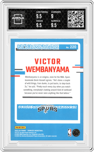 Victor Wembanyama from the 2023-24 Panini Donruss set graded by Arena Club and given an overall grade of 9.5.