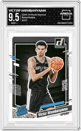 Victor Wembanyama from the 2023-24 Panini Donruss set graded by Arena Club and given an overall grade of 9.5.