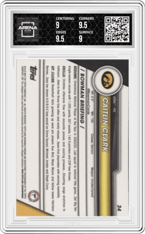 Caitlin Clark from the 2023-24 Bowman U Chrome set featuring a Fuchsia Refractor parallel graded by Arena Club and given an overall grade of 9.5.