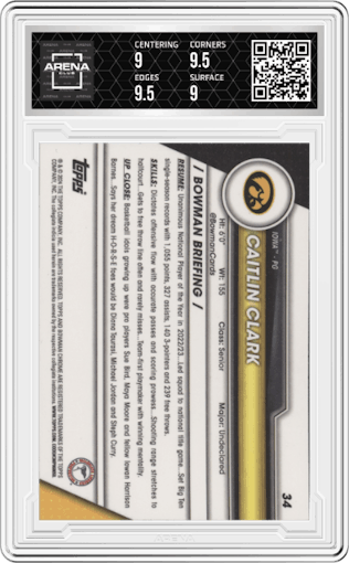 Caitlin Clark from the 2023-24 Bowman U Chrome set featuring a Fuchsia Refractor parallel graded by Arena Club and given an overall grade of 9.5.