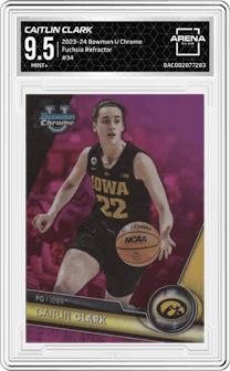 Caitlin Clark from the 2023-24 Bowman U Chrome set featuring a Fuchsia Refractor parallel graded by Arena Club and given an overall grade of 9.5.