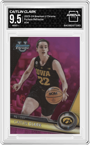 Caitlin Clark from the 2023-24 Bowman U Chrome set featuring a Fuchsia Refractor parallel graded by Arena Club and given an overall grade of 9.5.