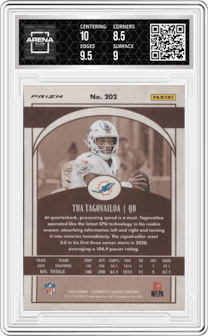 Tua Tagovailoa from the 2020 Panini Chronicles set featuring a Silver parallel graded by Arena Club and given an overall grade of 9.