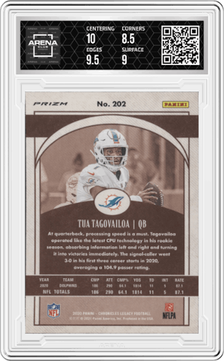Tua Tagovailoa from the 2020 Panini Chronicles set featuring a Silver parallel graded by Arena Club and given an overall grade of 9.