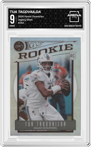 Tua Tagovailoa from the 2020 Panini Chronicles set featuring a Silver parallel graded by Arena Club and given an overall grade of 9.