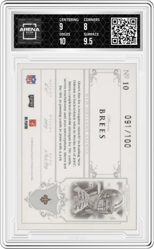 Drew Brees from the 2007 Playoff National Treasures set graded by Arena Club and given an overall grade of 8.5.
