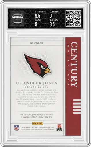 Chandler Jones from the 2019 Panini National Treasures set featuring a Prime parallel graded by Arena Club and given an overall grade of 9.
