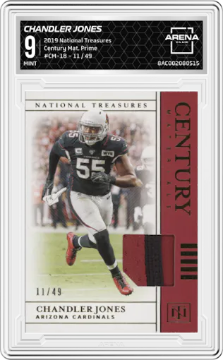 Chandler Jones from the 2019 Panini National Treasures set featuring a Prime parallel graded by Arena Club and given an overall grade of 9.