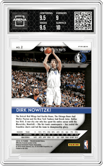 Dirk Nowitzki from the 2018-19 Panini Prizm set featuring a Silver Prizm parallel graded by Arena Club and given an overall grade of 9.5.