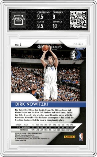 Dirk Nowitzki from the 2018-19 Panini Prizm set featuring a Silver Prizm parallel graded by Arena Club and given an overall grade of 9.5.