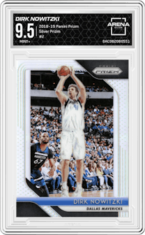 Dirk Nowitzki from the 2018-19 Panini Prizm set featuring a Silver Prizm parallel graded by Arena Club and given an overall grade of 9.5.
