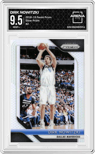 Dirk Nowitzki from the 2018-19 Panini Prizm set featuring a Silver Prizm parallel graded by Arena Club and given an overall grade of 9.5.