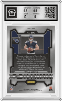 Will Levis from the 2023 Panini Prizm set featuring a Lazer parallel graded by Arena Club and given an overall grade of 10.