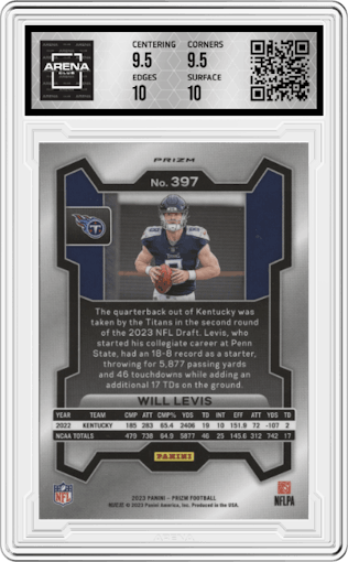 Will Levis from the 2023 Panini Prizm set featuring a Lazer parallel graded by Arena Club and given an overall grade of 10.