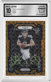 Will Levis from the 2023 Panini Prizm set featuring a Lazer parallel graded by Arena Club and given an overall grade of 10.