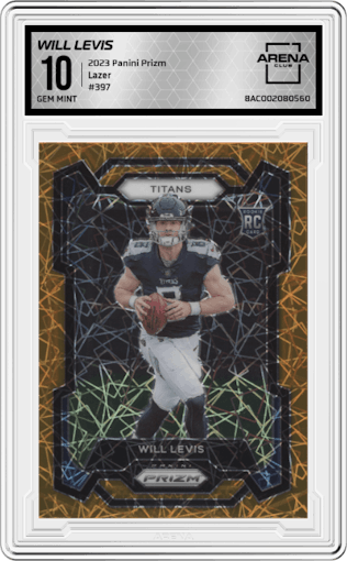 Will Levis from the 2023 Panini Prizm set featuring a Lazer parallel graded by Arena Club and given an overall grade of 10.