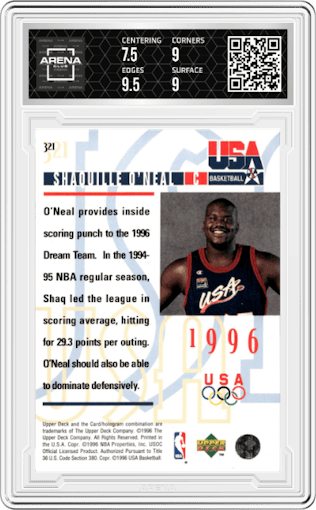 Shaquille O'Neal from the 1995-96 Upper Deck  set graded by Arena Club and given an overall grade of 8.