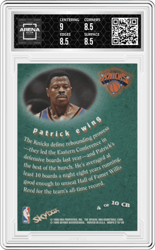 Patrick Ewing from the 1997-98 NBA Hoops set graded by Arena Club and given an overall grade of 8.5.