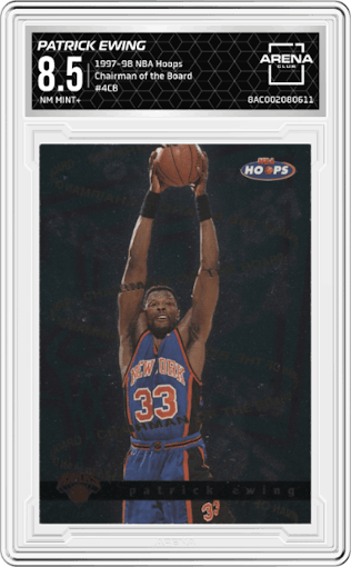 Patrick Ewing from the 1997-98 NBA Hoops set graded by Arena Club and given an overall grade of 8.5.