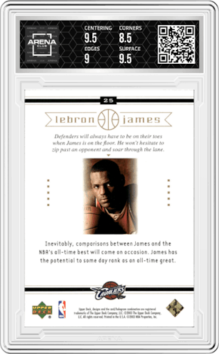 LeBron James from the 2003 Upper Deck LeBron James Box Set set graded by Arena Club and given an overall grade of 9.