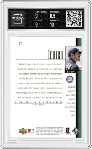 Ichiro  from the 2001 Upper Deck set graded by Arena Club and given an overall grade of 9.