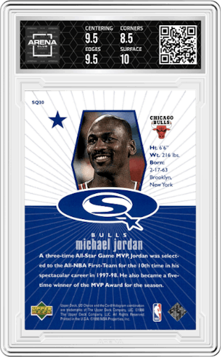 Michael Jordan from the 1998-99 Upper Deck Choice set featuring a Blue parallel graded by Arena Club and given an overall grade of 9.