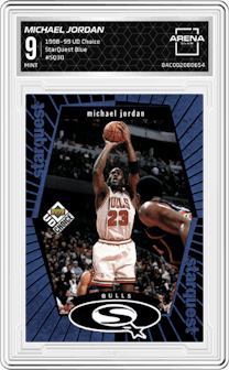 Michael Jordan from the 1998-99 Upper Deck Choice set featuring a Blue parallel graded by Arena Club and given an overall grade of 9.