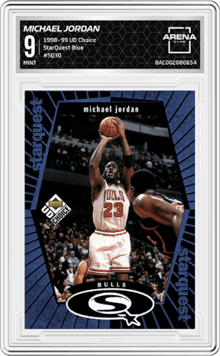 Michael Jordan from the 1998-99 Upper Deck Choice set featuring a Blue parallel graded by Arena Club and given an overall grade of 9.