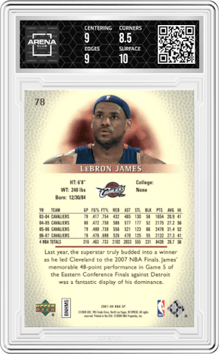 Lebron James from the 2007-08 SP Authentic set graded by Arena Club and given an overall grade of 9.