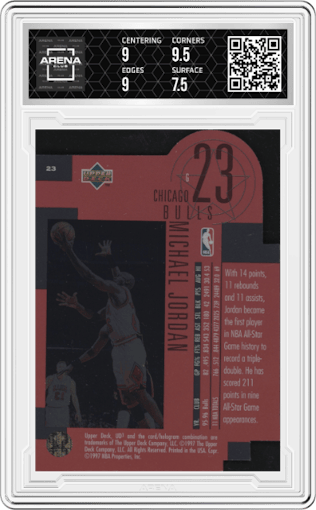 Michael Jordan from the 1996-97 Upper Deck UD3 set graded by Arena Club and given an overall grade of 8.