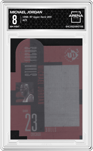 Michael Jordan from the 1996-97 Upper Deck UD3 set graded by Arena Club and given an overall grade of 8.