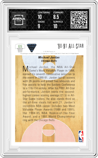 Michael Jordan from the 1991-92 Upper Deck set graded by Arena Club and given an overall grade of 9.