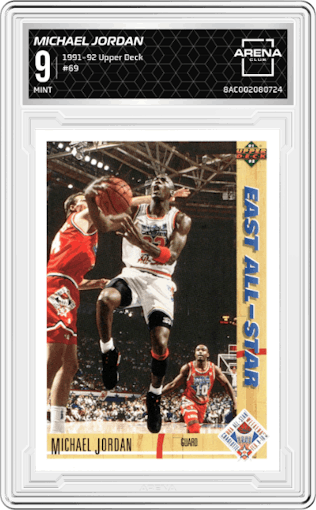 Michael Jordan from the 1991-92 Upper Deck set graded by Arena Club and given an overall grade of 9.