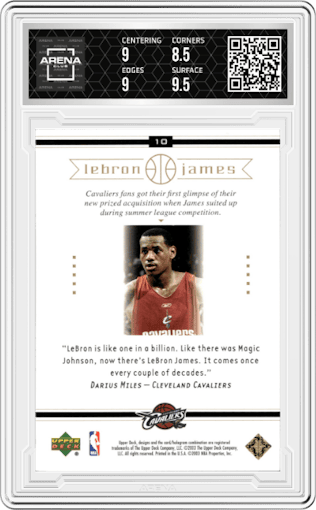 Lebron James from the 2003-04 Upper Deck LeBron James  set graded by Arena Club and given an overall grade of 9.